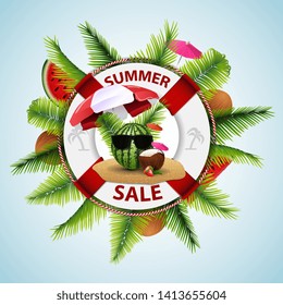 Summer sale, modern discount banner in the form of a lifeline with sea decor and watermelon in glasses under a beach umbrella