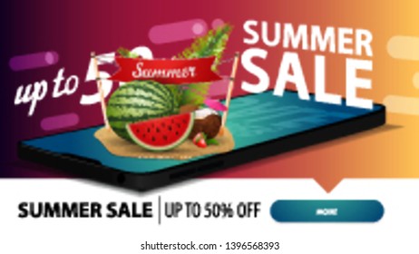 Summer sale, modern discount web banner for your website with a smartphone from which appears watermelon, coconut cocktail in coconut, sign with the inscription "summer"