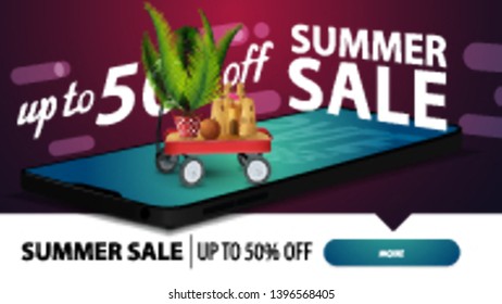 Summer sale, modern discount web banner for your website with a smartphone from which appears garden cart with sand, sand castle and potted palm