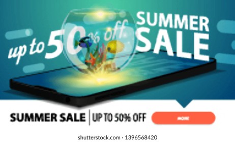 Summer sale, modern discount web banner for your website with a smartphone from which appears round aquarium with fish