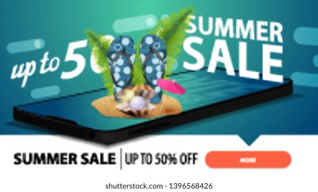 Summer sale, modern discount web banner for your website with a smartphone from which appears flip flops, pearl and palm leaves