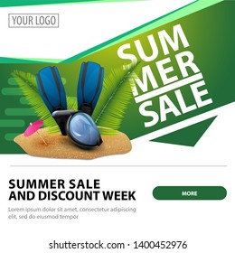 Summer sale, modern stylish square web banner for advertising and promotion of your business with diving mask, fins and palm leaves