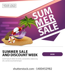 Summer sale, modern stylish square web banner for advertising and promotion of your business with palm tree, hammock and beach umbrella