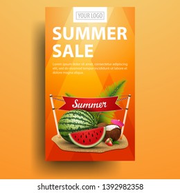 Summer sale, modern, stylish vertical banner for your business with watermelon, coconut cocktail in coconut, sign with the inscription "summer"