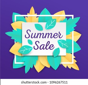 Summer sale - modern vector colorful illustration on purple background. High quality composition with lovely paper cut leaves. Perfect as a card, banner, flyer. Seasonal discount theme
