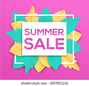 Summer sale - modern vector colorful illustration on pink background. High quality composition with lovely paper cut leaves. Perfect as a card, banner, flyer. Seasonal discount theme