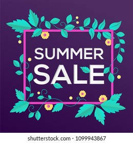 Summer sale - modern vector colorful illustration on purple background. High quality composition with lovely paper cut flowers. Perfect as a card, banner, flyer. Seasonal discount theme