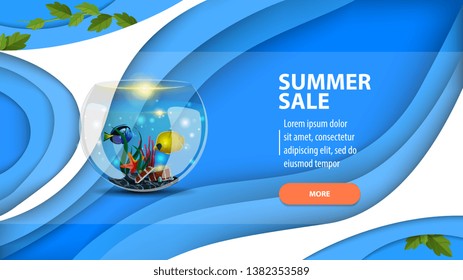 Summer sale, modern web banner in paper cut style for your website with round aquarium with fish