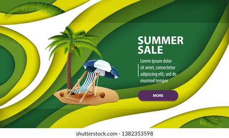 Summer sale, modern web banner in paper cut style for your website with palm tree, beach chair and beach umbrella