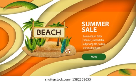 Summer sale, modern web banner in paper cut style for your website with coconut palms and bamboo sign with the inscription "beach"