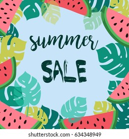 Summer Sale. Monstera leaves and watermelon tropical vector background.