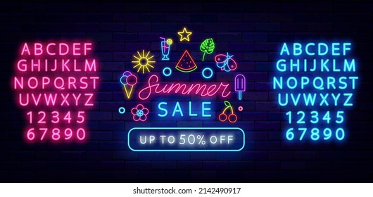 Summer sale neon emblem with season items. Glowing pink and blue alphabet. Season discount concept. Semicircle template. Night bright signboard. Editable stroke. Vector stock illustration