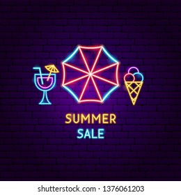 Summer Sale Neon Label. Vector Illustration of Vacation Promotion.