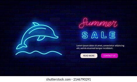 Summer sale neon landing page template. Dolphin sign. Season discount concept. Marketing promotion. Night bright signboard. Glowing effect banner. Editable stroke. Vector stock illustration
