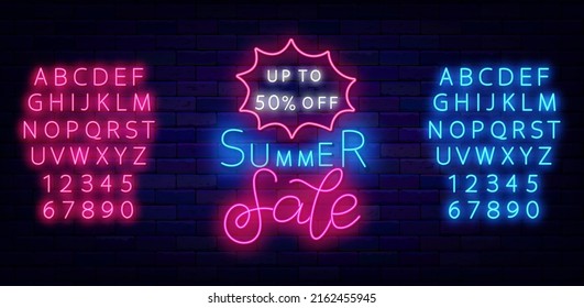 Summer sale neon letering label with explosion bubble. Shiny blue and pink alphabet. Special offer sign. Season advertising. Night bright emblem. Light banner. Editable stroke. Vector stock illustrati