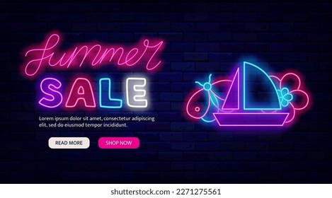 Summer sale neon promotion. Website landing page template. Boat, butterfly and flower. Season marketing advertising. Shopping greeting card. Shiny promotion. Glowing banner. Vector stock illustration