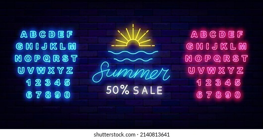 Summer sale neon sign with alphabet. Season discount concept. Sun and sea emblem. Night bright signboard. Glowing effect banner. Editable stroke. Vector stock illustration