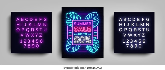 Summer sale neon sign. Design template typography poster Summer Sales, Tropical flowers neon, Summer discounts neon, brochure, banner, bright advertising. Vector illustration. Editing text neon sign Summer sale neon sign. Design template typography poster Summer Sales, Tropical flowers neon, Summer discounts neon, brochure, banner, bright advertising. Vector illustration. Editing text neon sign