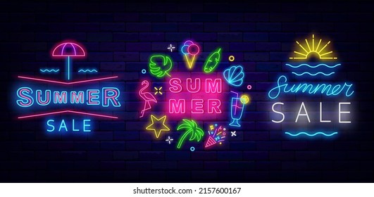 Summer sale neon signboards collection. Circle template. Season emblems pack. Special offer flyer. Shiny promotion. Glowing effect banner. Editable stroke. Vector stock illustration