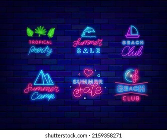 Summer sale neon signboards collection. Beach club and party.Season emblems pack. Special offer label. Shiny promotion item set. Glowing effect banner. Editable stroke. Vector stock illustration