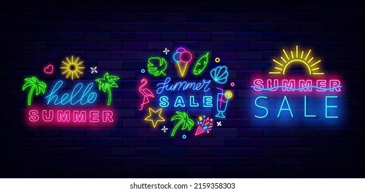 Venta de verano de la colección de carteles de neón. Hola, insignia de verano. Sol y hojas tropicales. Juego de etiquetas de descuento de temporada. Oferta especial de vacaciones. Banner de efecto brillante. Trazo editable. Ilustración del vector