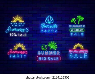 Summer sale neon signboards set. Beach party label. Season emblems pack. Special offer sign. Shiny promotion item collection. Glowing effect banner. Editable stroke. Vector stock illustration