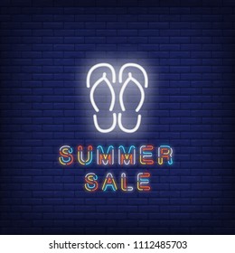 Summer sale neon text with flip-flops. Seasonal offer or sale advertisement design. Night bright neon sign, colorful billboard, light banner. Vector illustration in neon style.