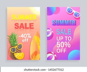 Summer sale off price posters set with proposals. Pineapple and fruit slice with sunglasses,, . Accessory and surfing board with palm tree print vector