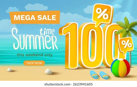 Oferta de venda de verão 100%, folheto salvar temporada. Ilustração vetorial