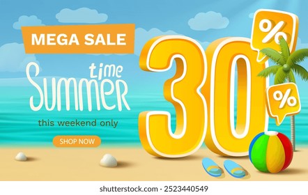 Summer sale offer 30 percentage, flyer save season. Vector illustration
