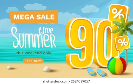 Summer sale offer 90 percentage, flyer save season. Vector illustration