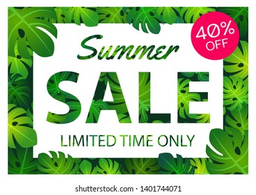 Summer sale offer banner philodendron leaves overlay between white and pink label,modern and fashionable design,vector illustration