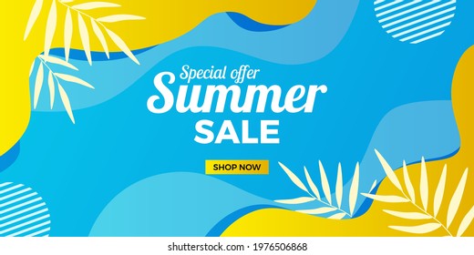 summer sale offer banner promotion with wave abstract memphis style with blue and yellow background