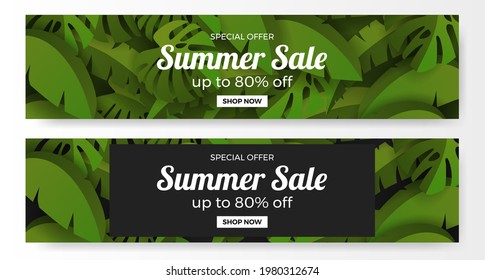 summer sale offer banner promotion with green tropical leaves illustration concept