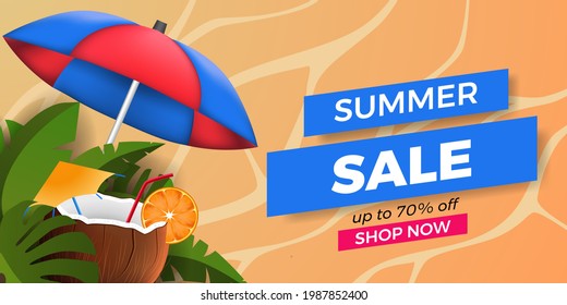 summer sale offer banner promotion with tropical leaves with coconut drink and sand background