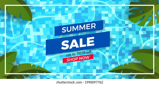 Summer sale offer banner promotion with pool top view illustration flat lay relax tropical leaves