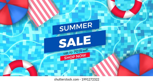 Summer sale offer banner promotion with pool top view illustration flat lay relax