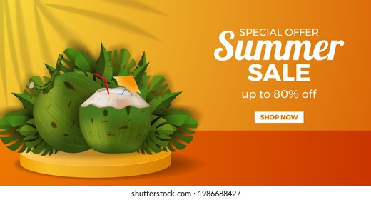 Summer sale offer banner template with coconut drink realistic vector with tropical leaves