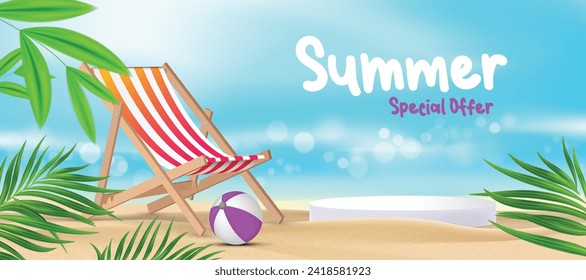 summer sale offer banner template with product podium, Beach chair in sand, deck chair