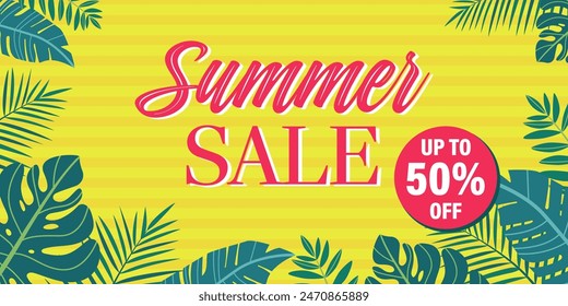 Summer sale. Summer offer. Bright banner template. Exotic concept. Vector illustration with tropical leaves on yellow background.
