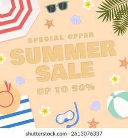 Summer sale offer discount with summer beach items for social media and shopping event promotions. Vector illustration summer sale with beach theme.
