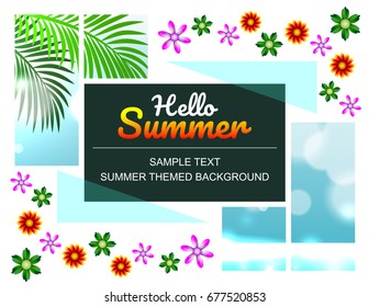 Summer sale offer poster, flyer, banner design layout. Wonderful blue sky and sea background with soft smooth bokeh and cloud. Decorate with coconut leaves and colorful flowers.