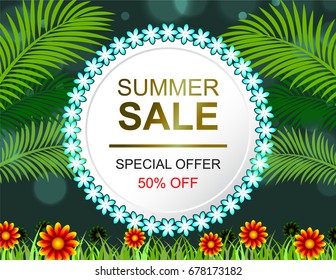 Summer sale offer poster, flyer, banner design layout. White and blue floral circle badge on dark green background. Decorate with coconut leaves, grass and tropical flower.