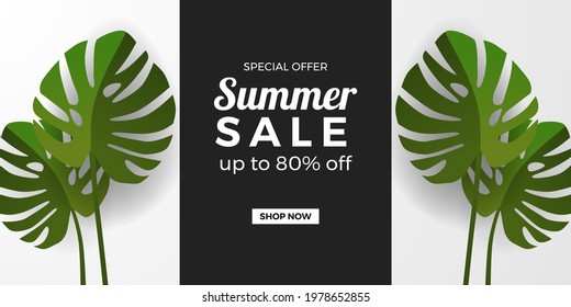 Summer sale offer promotion banner template with green monstera tropical leaves with black and white background