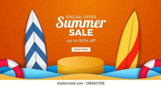 Summer sale offer promotion banner with orange background with illustration of cylinder podium display and surfboard