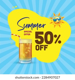 Summer Sale offer unit template with summer elements like sun and chilled cold drink