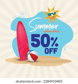 Summer Sale ofrece una plantilla de unidad con elementos de verano bola de playa y patinaje sobre arena con sol