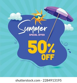 Summer Sale offer unit template with summer elements Parasol and sun in clouds