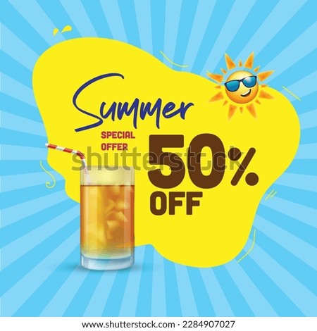 Summer Sale offer unit template with summer elements like sun and chilled cold drink