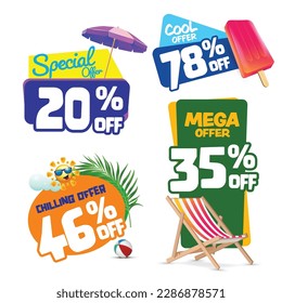 Summer sale offer units with summer elements like parasol, sun, palm leaf, deck chair, parasol and popsicle